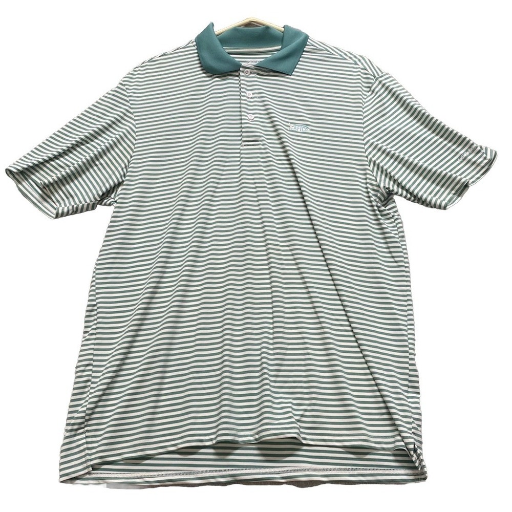 Aftco Polo Shirt Men's L Green & White Stripe Stretch Fishing Lightweight Aftech